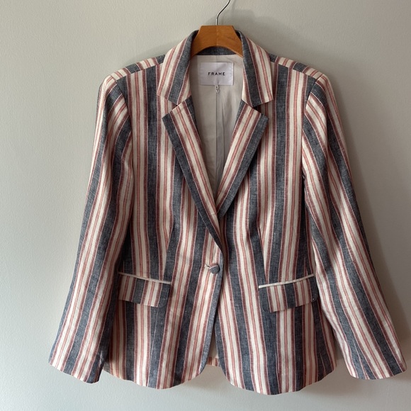 Frame Denim Jackets & Blazers - Frame Striped Linen Single-Button Blazer Natural White Multi Size 10